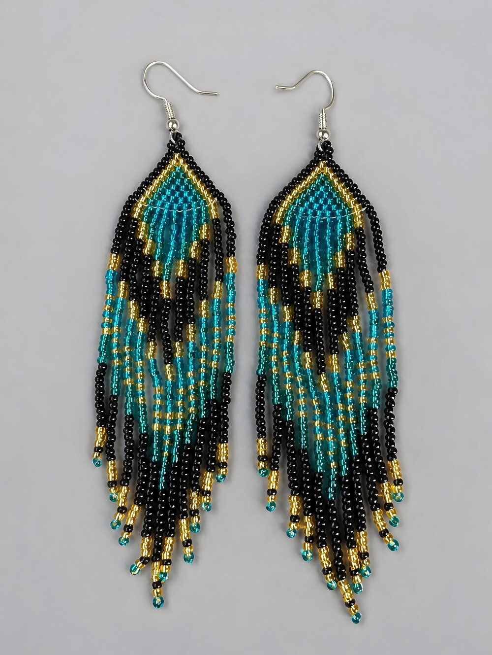 Coastal Geo Boho Seed Bead Fringe Earrings Ombre Handmade Beaded Jewelry